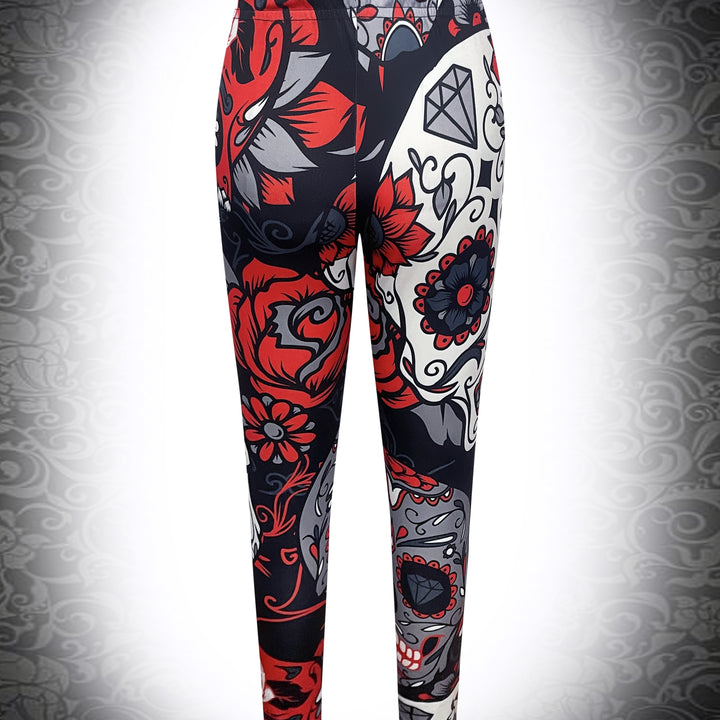 Leggings justas com estampado de caveira floral