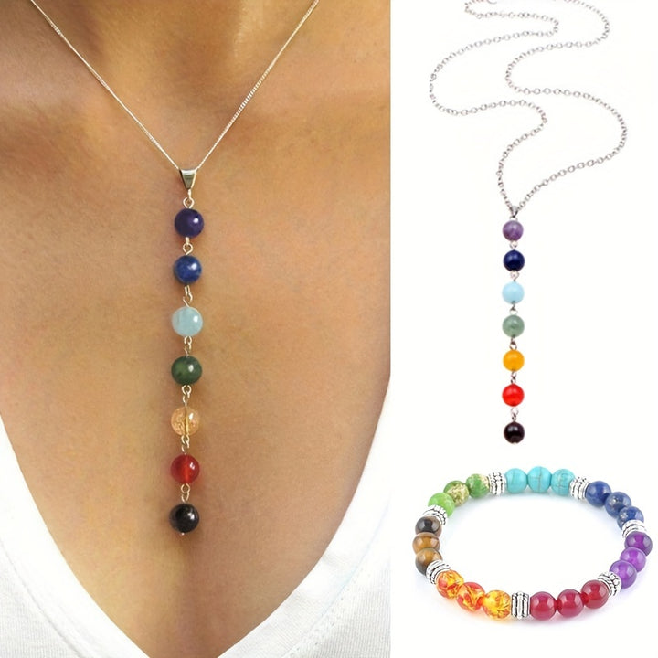 Conjunto De Joias Femininas Com Colar De Pingente De Contas De 7 Chakras E Pulseira De Gargantilha