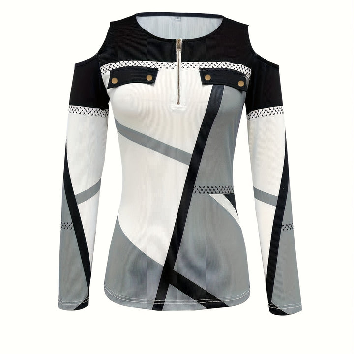 Blusa De Ombro Frio Com Estampa Geométrica Colorblock