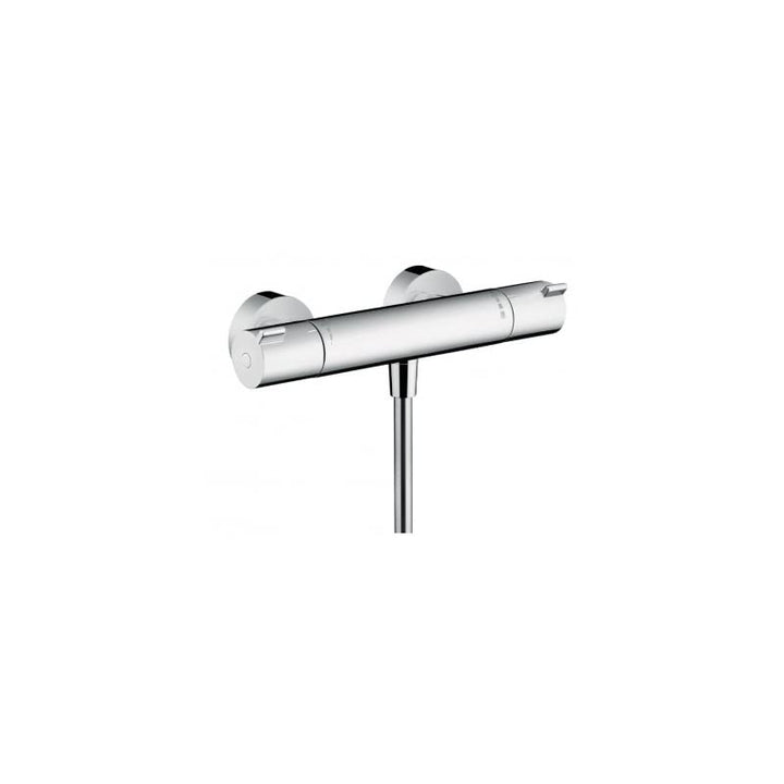 hansgrohe Crometta E - sistema de ducha ahorro de agua (EcoSmart) con termostato, ducha lluvia (240 x 240 mm), ducha de mano (2 tipos de chorro), flexo, barra y ducha fija rectangular, cromo, 27281000