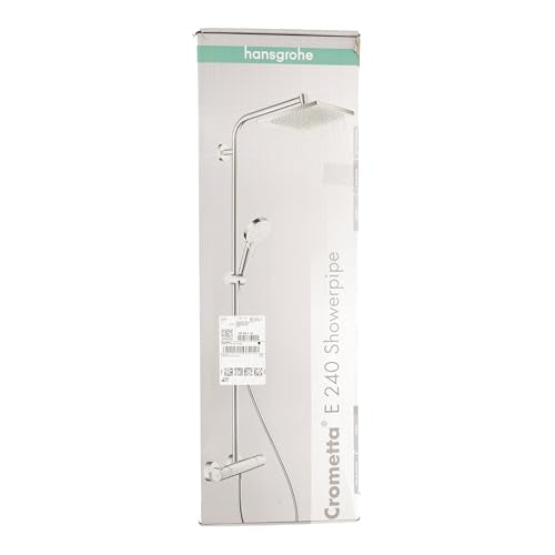 hansgrohe Crometta E - sistema de ducha ahorro de agua (EcoSmart) con termostato, ducha lluvia (240 x 240 mm), ducha de mano (2 tipos de chorro), flexo, barra y ducha fija rectangular, cromo, 27281000