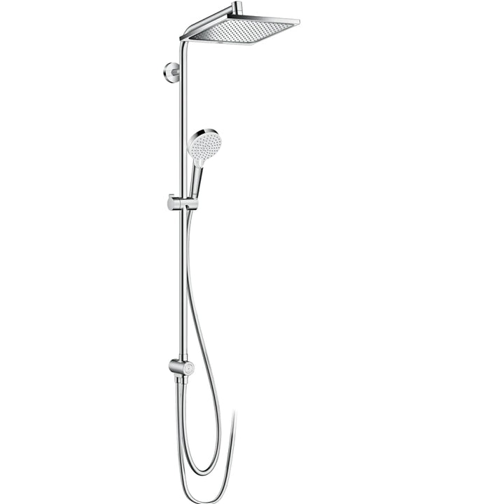 hansgrohe Crometta E - sistema de ducha ahorro de agua (EcoSmart) con termostato, ducha lluvia (240 x 240 mm), ducha de mano (2 tipos de chorro), flexo, barra y ducha fija rectangular, cromo, 27281000