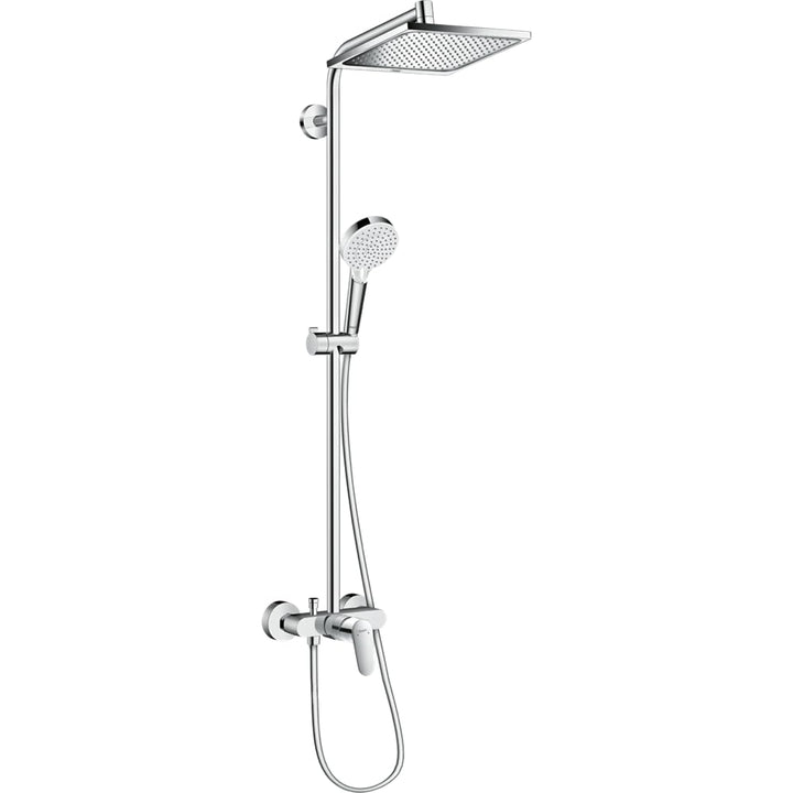 hansgrohe Crometta E - sistema de ducha ahorro de agua (EcoSmart) con termostato, ducha lluvia (240 x 240 mm), ducha de mano (2 tipos de chorro), flexo, barra y ducha fija rectangular, cromo, 27281000