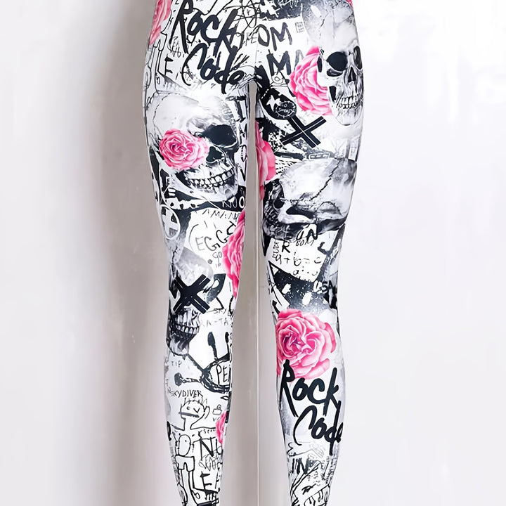 Leggings justas com estampado de caveiras e flores