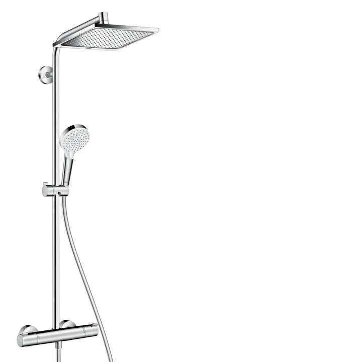 hansgrohe Crometta E - sistema de ducha ahorro de agua (EcoSmart) con termostato, ducha lluvia (240 x 240 mm), ducha de mano (2 tipos de chorro), flexo, barra y ducha fija rectangular, cromo, 27281000