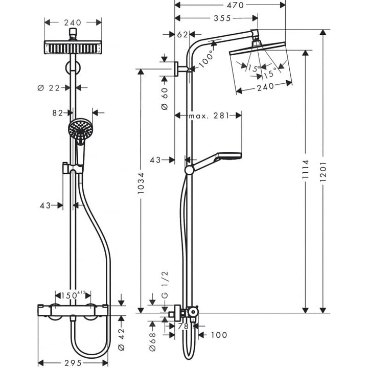 hansgrohe Crometta E - sistema de ducha ahorro de agua (EcoSmart) con termostato, ducha lluvia (240 x 240 mm), ducha de mano (2 tipos de chorro), flexo, barra y ducha fija rectangular, cromo, 27281000