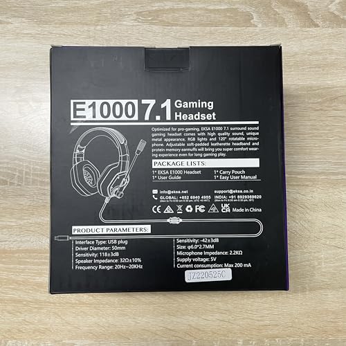 EKSA E1000 Cascos Gaming USB para PC, Over Ear Auriculares Gaming con Cable, Micrófono con Cancelación de Ruido, Sonido Envolvente 7.1, Luz RGB para Consola PS4 / PS5,Laptop