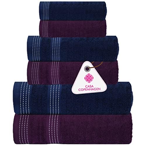 Casa Copenhagen Elegance Juego de Toallas 6 Piezas, Azul Marino + Gris, 550 g/m² 2 Toallas de baño, 2 Toallas de Mano, 2 paños de Suave algodón Egipcio para baño, Cocina y Ducha