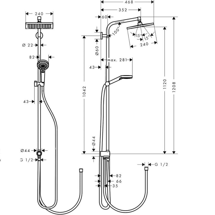 hansgrohe Crometta E - sistema de ducha ahorro de agua (EcoSmart) con termostato, ducha lluvia (240 x 240 mm), ducha de mano (2 tipos de chorro), flexo, barra y ducha fija rectangular, cromo, 27281000