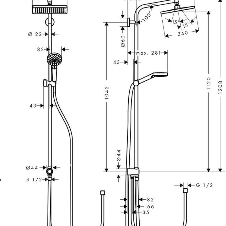 hansgrohe Crometta E - sistema de ducha ahorro de agua (EcoSmart) con termostato, ducha lluvia (240 x 240 mm), ducha de mano (2 tipos de chorro), flexo, barra y ducha fija rectangular, cromo, 27281000