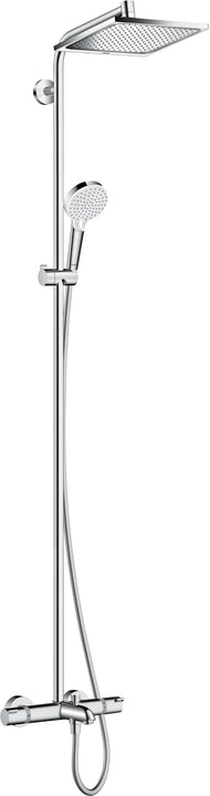 hansgrohe Crometta E - sistema de ducha ahorro de agua (EcoSmart) con termostato, ducha lluvia (240 x 240 mm), ducha de mano (2 tipos de chorro), flexo, barra y ducha fija rectangular, cromo, 27281000