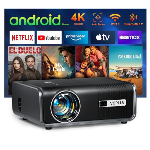 Smart Proyector 4K Soporte con Built-in Apps ＆ Auto Focus/Keystone, 23000 Lumen Proyector WiFi Bluetooth Full HD 1080P, VOPLLS Proyector Cine en Casa con Zoom del 50% para iOS/Android/PPT