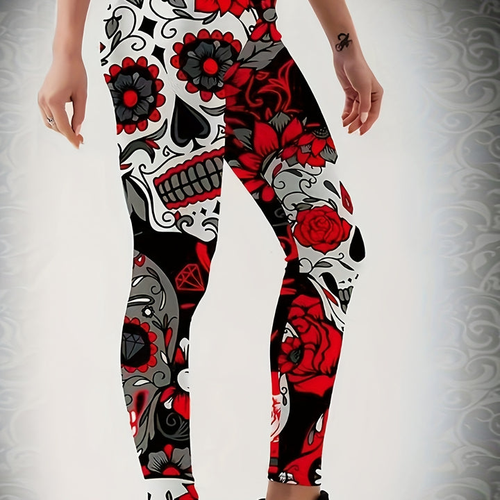 Leggings justas com estampado de caveira floral