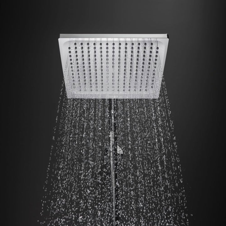 hansgrohe Crometta E - sistema de ducha ahorro de agua (EcoSmart) con termostato, ducha lluvia (240 x 240 mm), ducha de mano (2 tipos de chorro), flexo, barra y ducha fija rectangular, cromo, 27281000