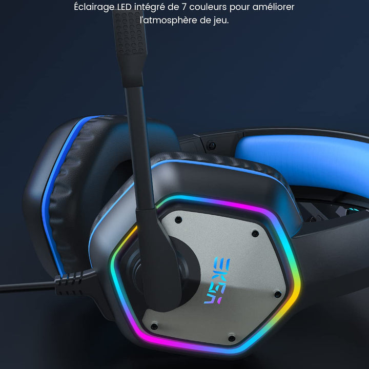 EKSA E1000 Cascos Gaming USB para PC, Over Ear Auriculares Gaming con Cable, Micrófono con Cancelación de Ruido, Sonido Envolvente 7.1, Luz RGB para Consola PS4 / PS5,Laptop