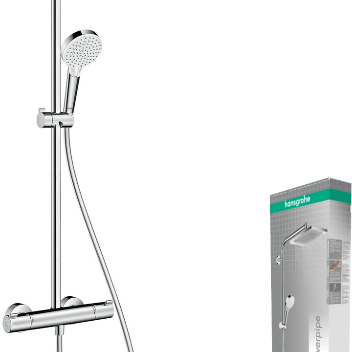 hansgrohe Crometta E - sistema de ducha ahorro de agua (EcoSmart) con termostato, ducha lluvia (240 x 240 mm), ducha de mano (2 tipos de chorro), flexo, barra y ducha fija rectangular, cromo, 27281000