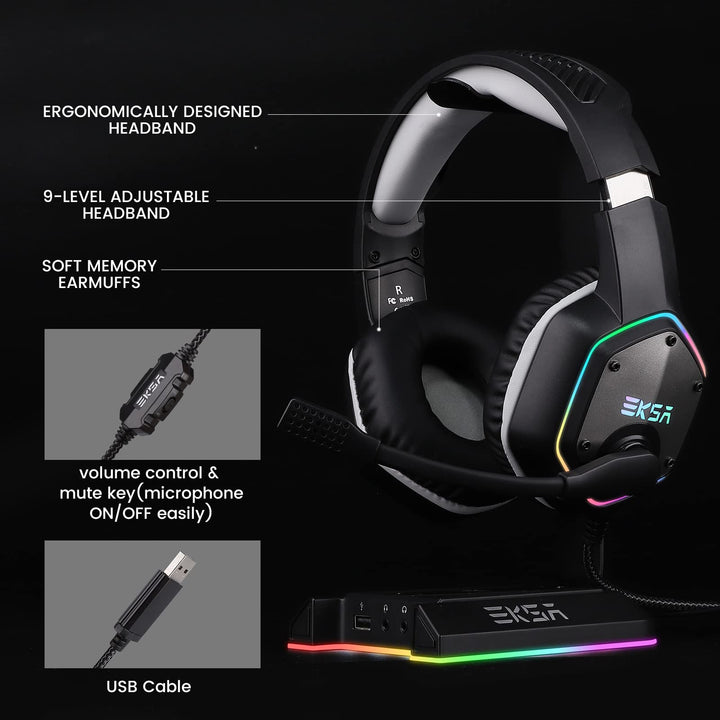 EKSA E1000 Cascos Gaming USB para PC, Over Ear Auriculares Gaming con Cable, Micrófono con Cancelación de Ruido, Sonido Envolvente 7.1, Luz RGB para Consola PS4 / PS5,Laptop