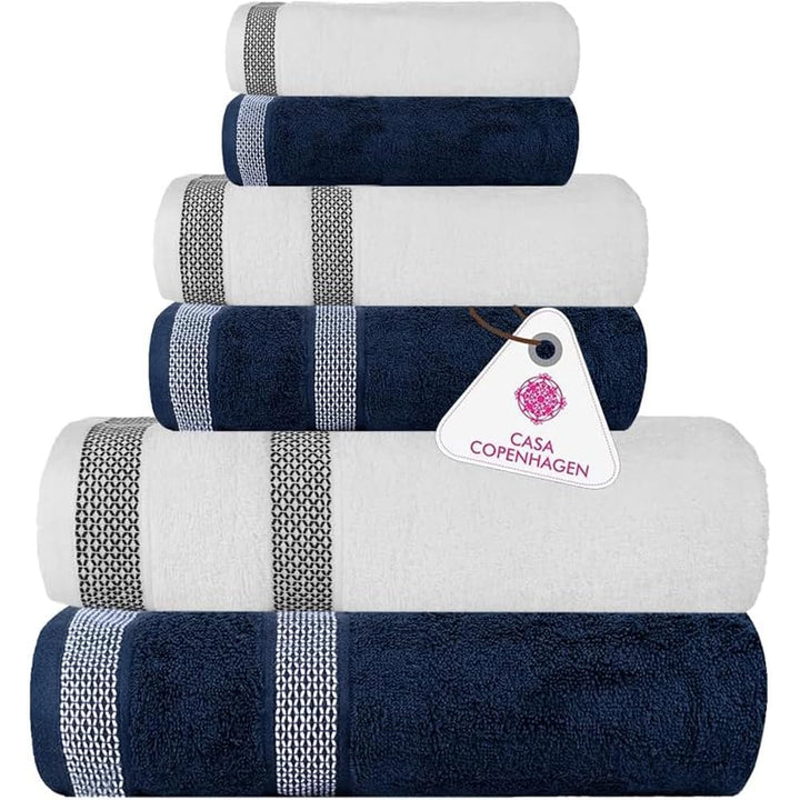 Casa Copenhagen Elegance Juego de Toallas 6 Piezas, Azul Marino + Gris, 550 g/m² 2 Toallas de baño, 2 Toallas de Mano, 2 paños de Suave algodón Egipcio para baño, Cocina y Ducha