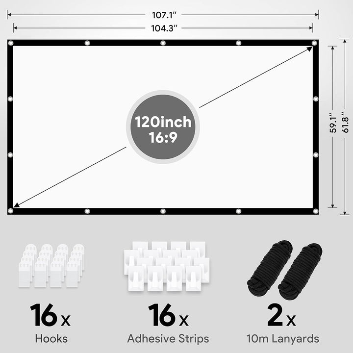 Pantalla Proyector 120 Pulgadas 16:9 HD Antiarrugas Plegable Portátil Lavable Tela Proyector, Pantalla de Proyección de Doble Cara para Patio, el hogar, Teatro Exterior