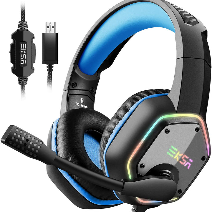 EKSA E1000 Cascos Gaming USB para PC, Over Ear Auriculares Gaming con Cable, Micrófono con Cancelación de Ruido, Sonido Envolvente 7.1, Luz RGB para Consola PS4 / PS5,Laptop