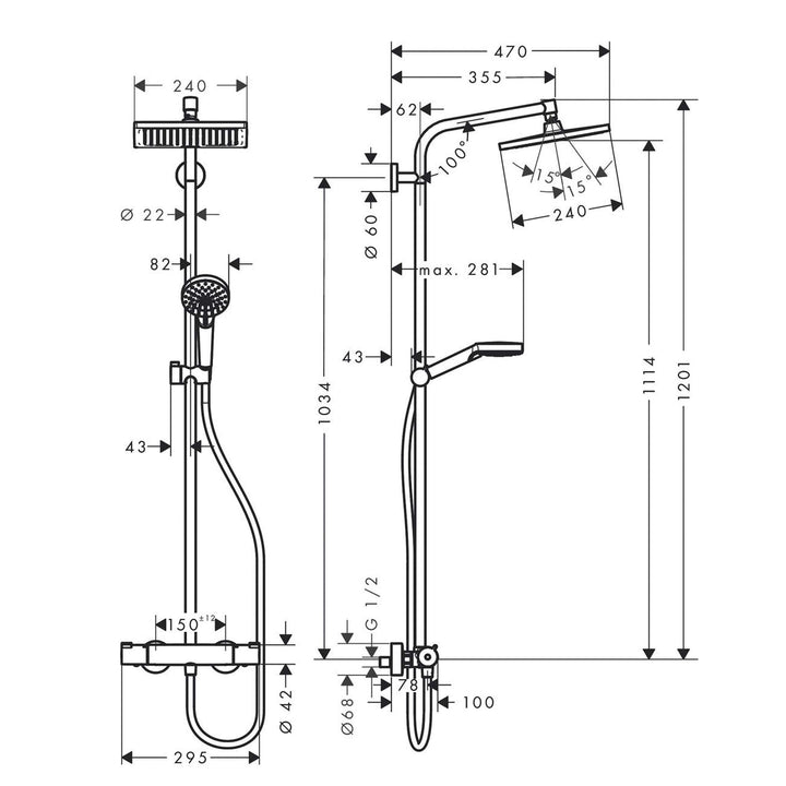 hansgrohe Crometta E - sistema de ducha ahorro de agua (EcoSmart) con termostato, ducha lluvia (240 x 240 mm), ducha de mano (2 tipos de chorro), flexo, barra y ducha fija rectangular, cromo, 27281000