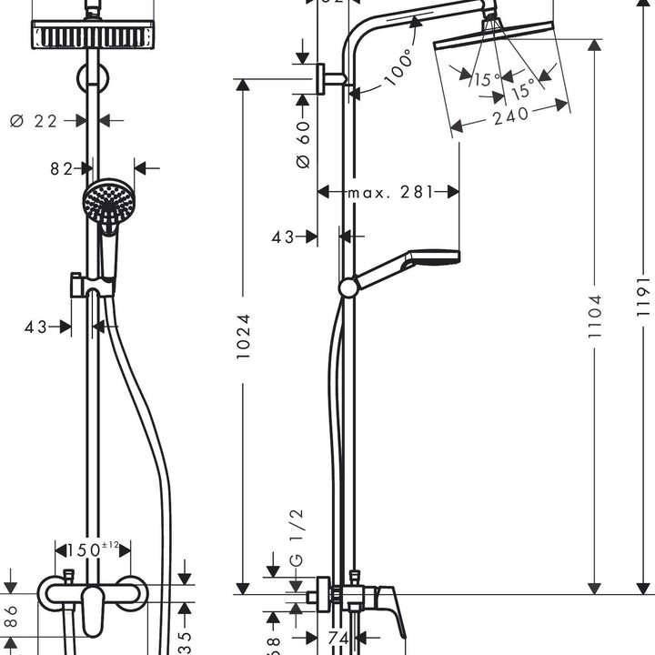 hansgrohe Crometta E - sistema de ducha ahorro de agua (EcoSmart) con termostato, ducha lluvia (240 x 240 mm), ducha de mano (2 tipos de chorro), flexo, barra y ducha fija rectangular, cromo, 27281000