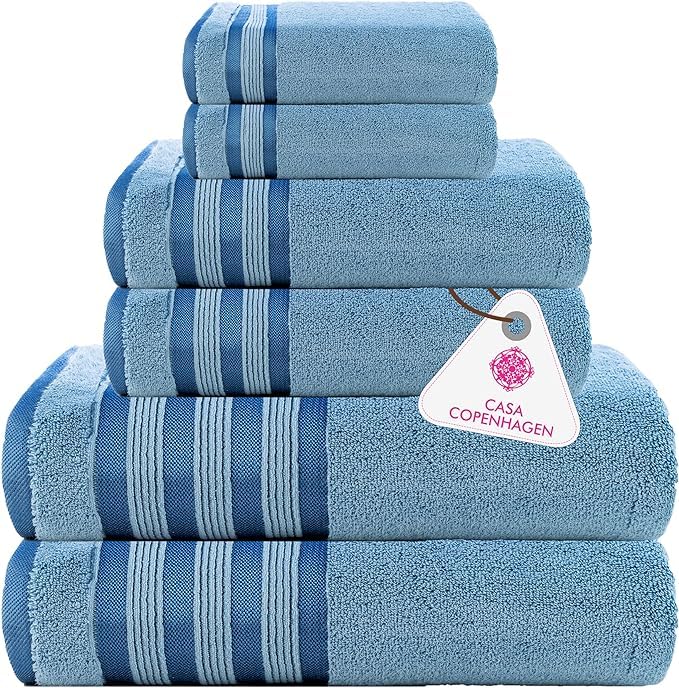 Casa Copenhagen Zero Twist, Juego de Toallas 6 Piezas 100% Algodón, Azul Eléctrico, 600g/m², 2 Baño, 2 Manos, 2 Manoplas de Algodón Egipcio, Toallas de Lujo Ultra Suaves para Hotel, SPA, Cocina