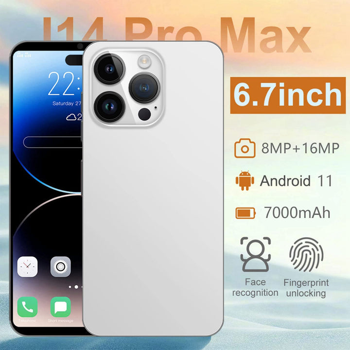 I14pro MAX Teléfono 2G, 4GB RAM 64GB ROM, Mt6889 Deca Core CPU Smartphone, 6.1 Pulgadas de Pantalla Full HD, 7000Mah 8Mp Frontal y 16Mp Cámaras Traseras, Face Unlock(UE)