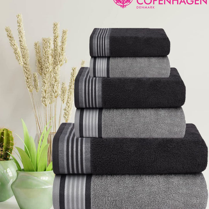 Casa Copenhagen Elegance Juego de Toallas 6 Piezas, Azul Marino + Gris, 550 g/m² 2 Toallas de baño, 2 Toallas de Mano, 2 paños de Suave algodón Egipcio para baño, Cocina y Ducha