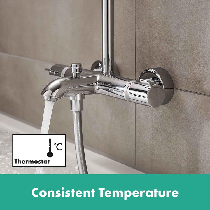 hansgrohe Crometta E - sistema de ducha ahorro de agua (EcoSmart) con termostato, ducha lluvia (240 x 240 mm), ducha de mano (2 tipos de chorro), flexo, barra y ducha fija rectangular, cromo, 27281000