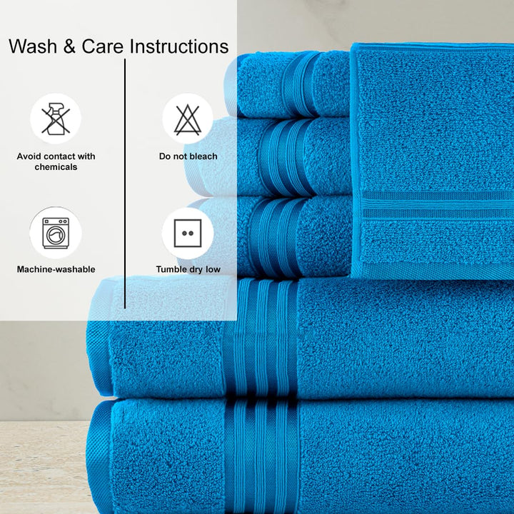 Casa Copenhagen Zero Twist, Juego de Toallas 6 Piezas 100% Algodón, Azul Eléctrico, 600g/m², 2 Baño, 2 Manos, 2 Manoplas de Algodón Egipcio, Toallas de Lujo Ultra Suaves para Hotel, SPA, Cocina