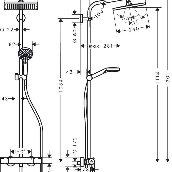 hansgrohe Crometta E - sistema de ducha ahorro de agua (EcoSmart) con termostato, ducha lluvia (240 x 240 mm), ducha de mano (2 tipos de chorro), flexo, barra y ducha fija rectangular, cromo, 27281000