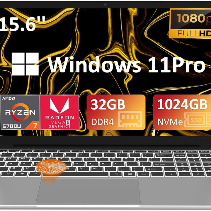 Auusda Ordenador portatil, 32 GB de RAM DDR4, 1 TB M2 PCIe NVMe SSD, CPU AMD Ryzen7 5700U 1.8-4.3, pantalla FHD IPS 180° de 15.6'', teclado retroiluminado, lector de huellas dactilares, Windows 11 Pro