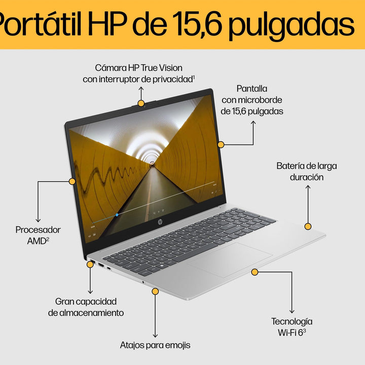 HP 15-fd0000ns - Ordenador portátil de 15.6" Full HD (Intel Core i3-N305, 8GB RAM, 512GB SSD, Intel UHD Graphics, Sin Sistema Operativo) Plata y Azul- Teclado QWERTY Español