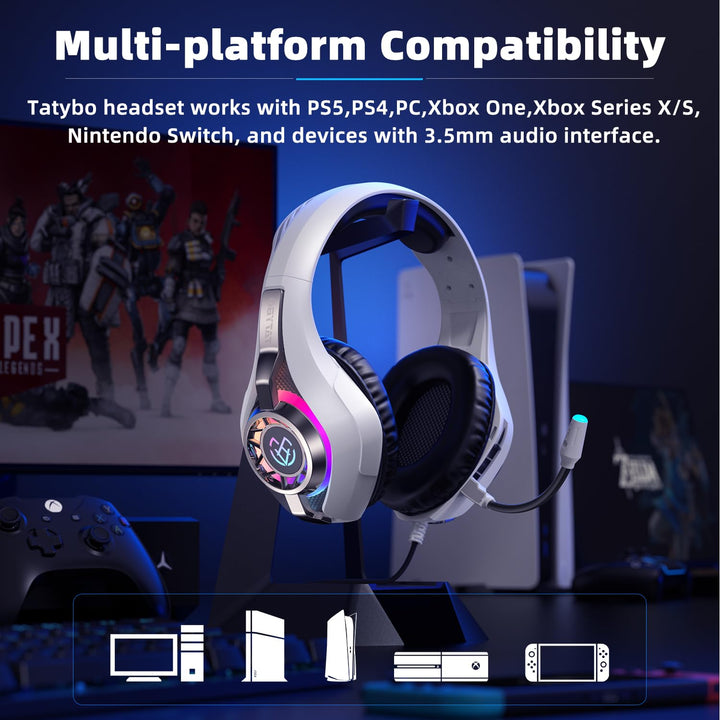 Tatybo Auriculares Gaming para Ps4 Ps5 Xbox PC, Cascos Gaming con Graves Envolventes 3D, Micrófono Reducción de Ruido