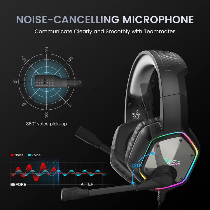 EKSA E1000 Cascos Gaming USB para PC, Over Ear Auriculares Gaming con Cable, Micrófono con Cancelación de Ruido, Sonido Envolvente 7.1, Luz RGB para Consola PS4 / PS5,Laptop