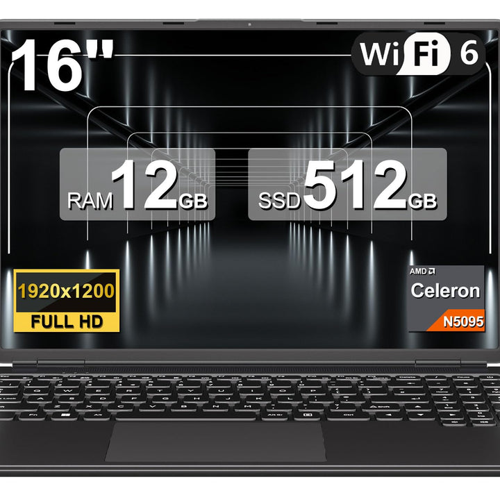 Ordenador Portátil 16 Pulgadas Celeron N5095 Up to 2.9Ghz, Portátil Win 11 con 5G WiFi 12+512GB SSD Expansión 1TB, BT 4.2 Mini Puerto Multimedia Portatiles Ventilador Refrigeración 1920*1200-Negro