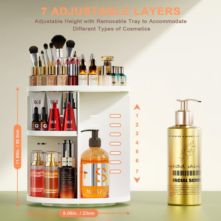 Auxmir Organizador de Maquillaje Giratorio 360, Organizador Perfumes y Cremas, Almacenaje Maquillaje con 7 Baldas Ajustables, para Pintalabios Brochas Baño Tocador, Gran Capacidad, Transparente