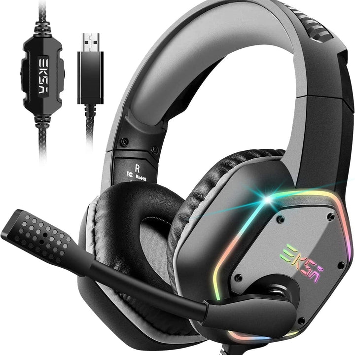 EKSA E1000 Cascos Gaming USB para PC, Over Ear Auriculares Gaming con Cable, Micrófono con Cancelación de Ruido, Sonido Envolvente 7.1, Luz RGB para Consola PS4 / PS5,Laptop