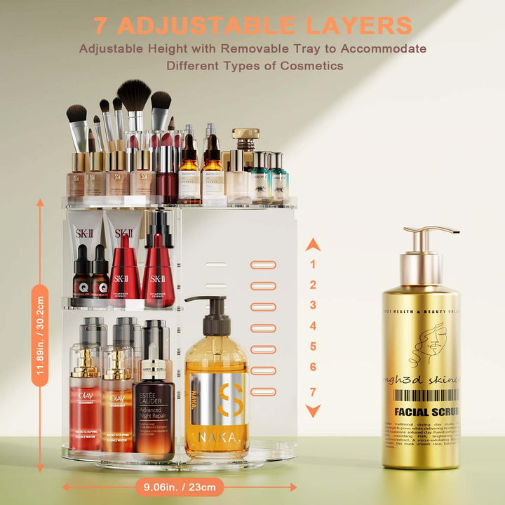 Auxmir Organizador de Maquillaje Giratorio 360, Organizador Perfumes y Cremas, Almacenaje Maquillaje con 7 Baldas Ajustables, para Pintalabios Brochas Baño Tocador, Gran Capacidad, Transparente