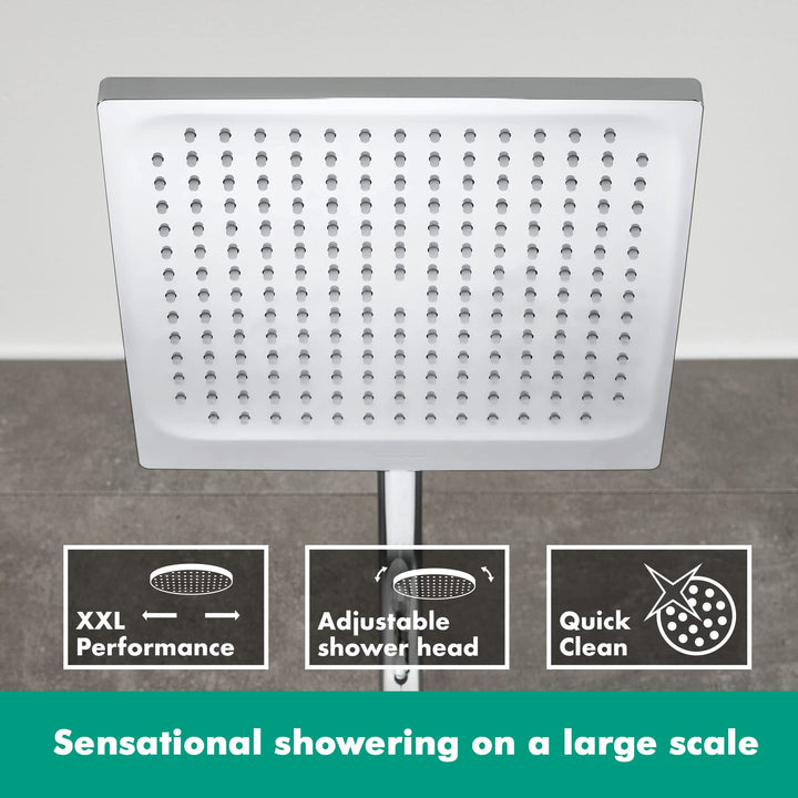 hansgrohe Crometta E - sistema de ducha ahorro de agua (EcoSmart) con termostato, ducha lluvia (240 x 240 mm), ducha de mano (2 tipos de chorro), flexo, barra y ducha fija rectangular, cromo, 27281000