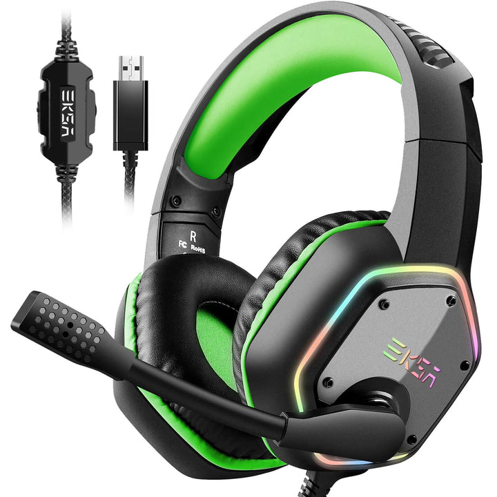 EKSA E1000 Cascos Gaming USB para PC, Over Ear Auriculares Gaming con Cable, Micrófono con Cancelación de Ruido, Sonido Envolvente 7.1, Luz RGB para Consola PS4 / PS5,Laptop