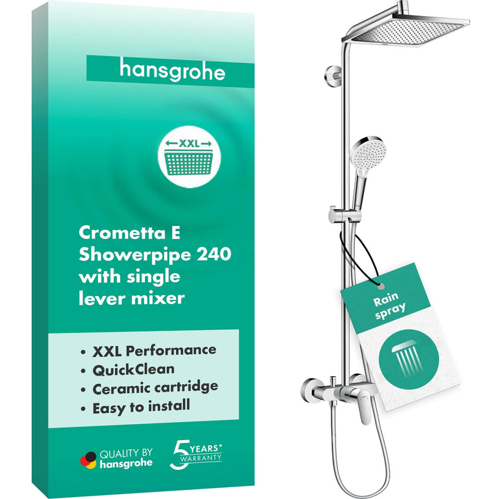 hansgrohe Crometta E - sistema de ducha ahorro de agua (EcoSmart) con termostato, ducha lluvia (240 x 240 mm), ducha de mano (2 tipos de chorro), flexo, barra y ducha fija rectangular, cromo, 27281000