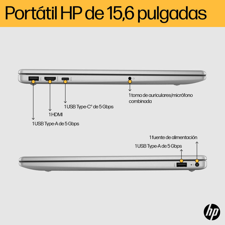 HP 15-fd0000ns - Ordenador portátil de 15.6" Full HD (Intel Core i3-N305, 8GB RAM, 512GB SSD, Intel UHD Graphics, Sin Sistema Operativo) Plata y Azul- Teclado QWERTY Español