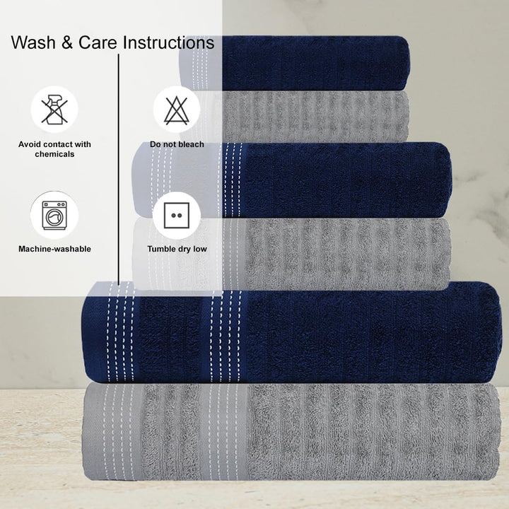 Casa Copenhagen Elegance Juego de Toallas 6 Piezas, Azul Marino + Gris, 550 g/m² 2 Toallas de baño, 2 Toallas de Mano, 2 paños de Suave algodón Egipcio para baño, Cocina y Ducha