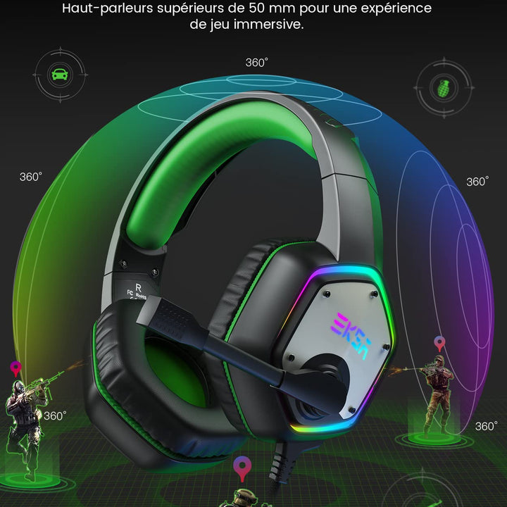 EKSA E1000 Cascos Gaming USB para PC, Over Ear Auriculares Gaming con Cable, Micrófono con Cancelación de Ruido, Sonido Envolvente 7.1, Luz RGB para Consola PS4 / PS5,Laptop