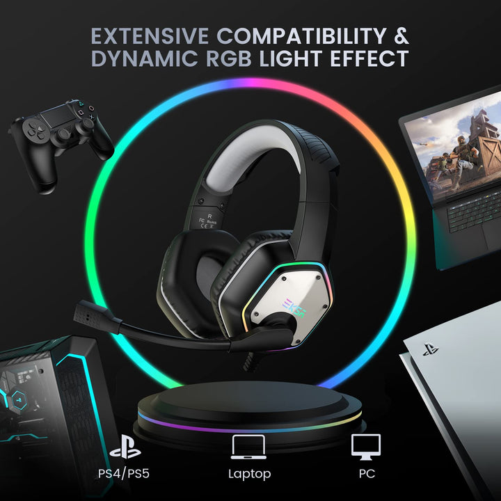 EKSA E1000 Cascos Gaming USB para PC, Over Ear Auriculares Gaming con Cable, Micrófono con Cancelación de Ruido, Sonido Envolvente 7.1, Luz RGB para Consola PS4 / PS5,Laptop