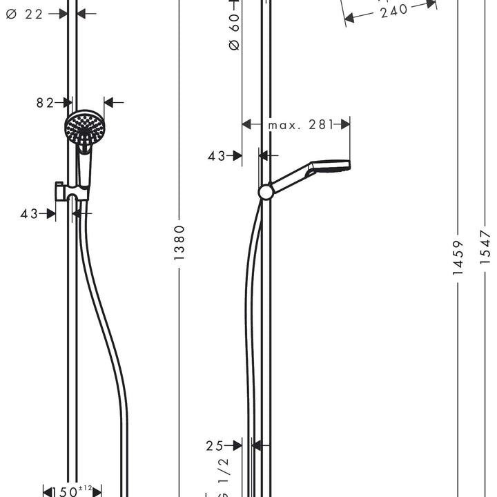 hansgrohe Crometta E - sistema de ducha ahorro de agua (EcoSmart) con termostato, ducha lluvia (240 x 240 mm), ducha de mano (2 tipos de chorro), flexo, barra y ducha fija rectangular, cromo, 27281000