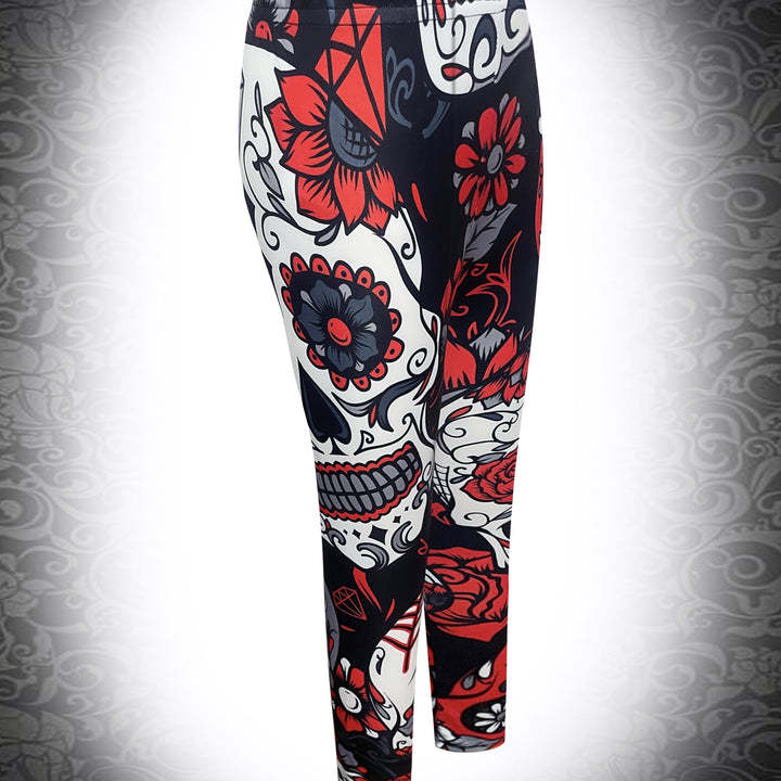 Leggings justas com estampado de caveira floral