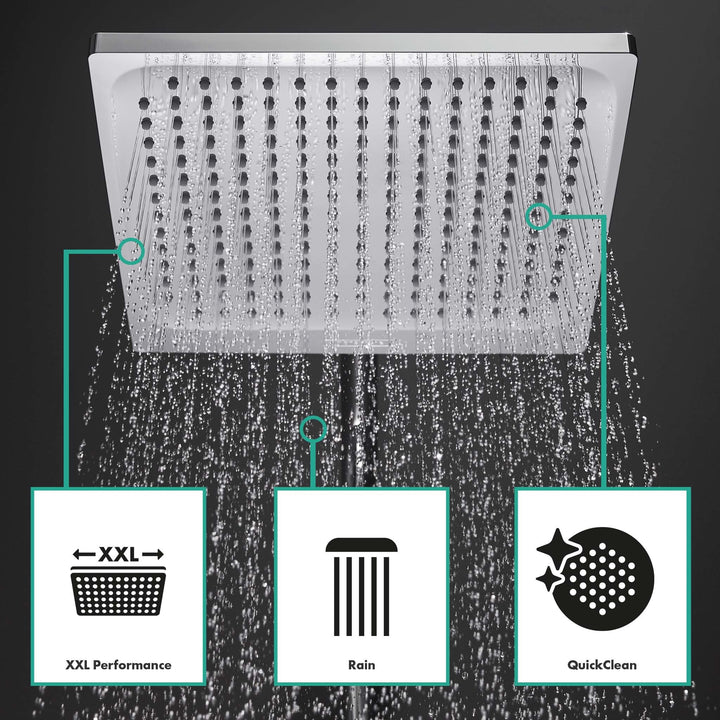 hansgrohe Crometta E - sistema de ducha ahorro de agua (EcoSmart) con termostato, ducha lluvia (240 x 240 mm), ducha de mano (2 tipos de chorro), flexo, barra y ducha fija rectangular, cromo, 27281000